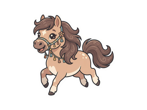 A cute brown cartoon pony stallion running happily through nature as a wild animal character design illustration