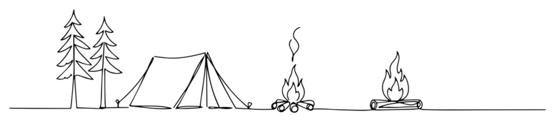 camping scene with tent and campfire line art vector © Wieslaw