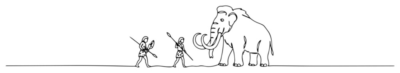 Fototapeta premium prehistoric men hunting mammoth linear contour design