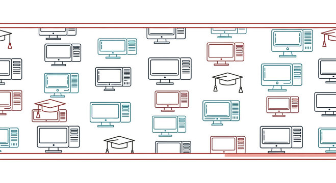 Computer Education Pattern: Retro PCs and Graduation Caps on White Background