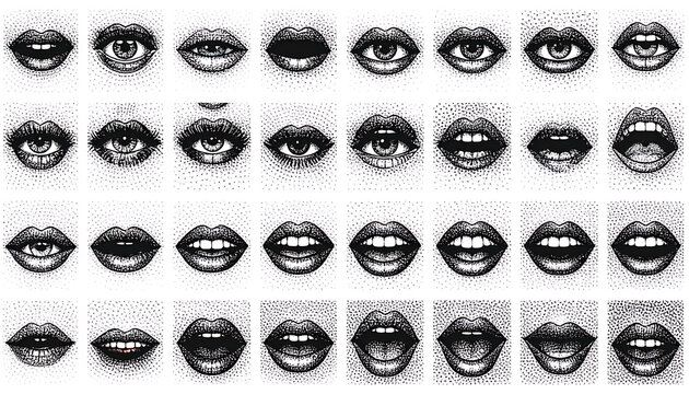 Collection of pixelated mouths and lips in various expressions and poses, conveying communication and emotion