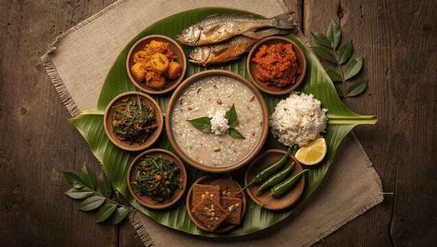 Traditional Odia pakhala meal platter with accompaniments &ndash; fermented yogurt rice served with badi, saga, alu bharta, fried fish, papad, and condiments, overhead macro shot