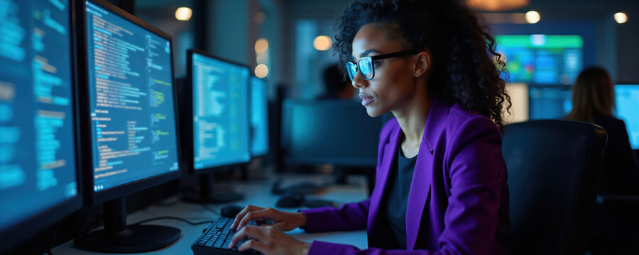 African American woman in glasses works on computer code in dark tech office. Multiple monitors display data, lines of text on screens. She types on keyboard, focused on work.
