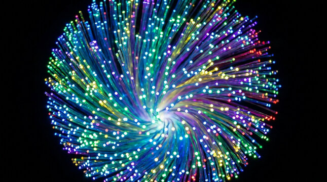 Fiber optic cables with colorful glowing lights technology