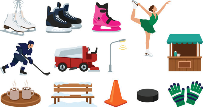 Winter Ice Sports and Seasonal Recreation Illustration Set with Skates, Hockey, Figure Skating, and Outdoor Activity Vector Elements