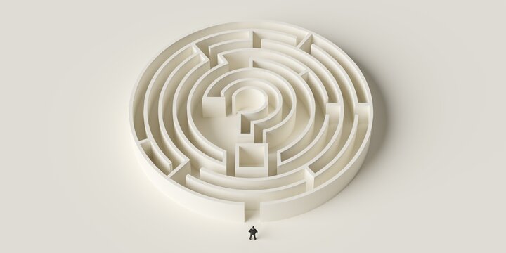 Business man standing at the entrance of a round maze or labyrinth with question mark shaped center, solution or strategy business concept on white background