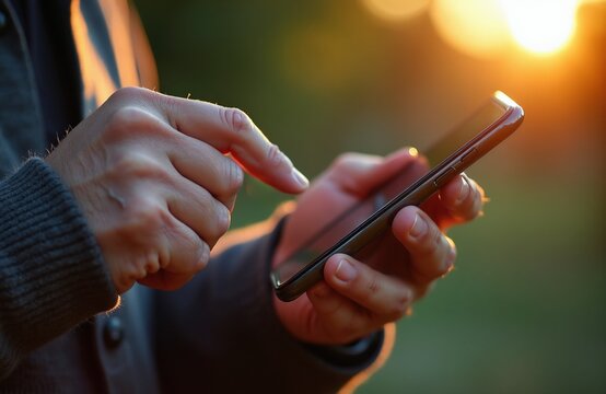Person uses smartphone outdoors. Fingers touch screen, text messages. Sun sets, warm light. Connects online, receives notifications. Browses net, scrolls feed. Checks mail, uses app.