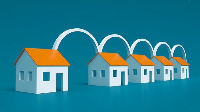Illustration of houses connected by futuristic digital lines, representing connectivity and smart homes