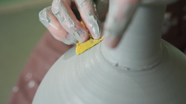 Closeup hands finishing pottery surface with yellow sponge, artisan evens wet clay and refines rim edge on spinning wheel, soft studio light highlights smooth texture and focused craftwork