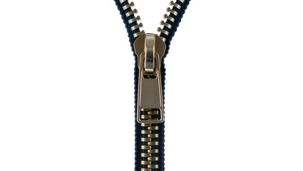 Shiny brass zipper pull on navy blue fabric teeth, isolated on transparent background © Aliona