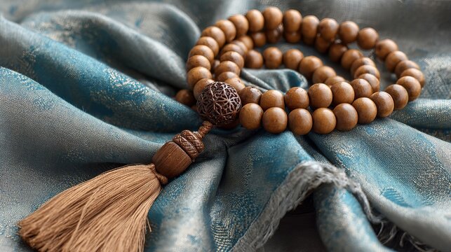 A close-up of a wooden mala bead necklace with a tassel on a blue fabric background