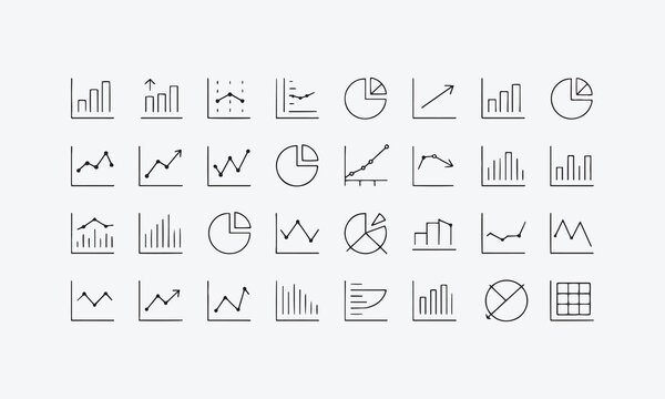 Graph and Charts web icons in line style. Graphics, infographic, statistics, data, diagrams, economy reduction, finance, arrow, business, increase, decrease.