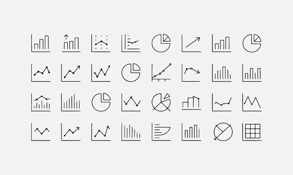Graph and Charts web icons in line style. Graphics, infographic, statistics, data, diagrams, economy reduction, finance, arrow, business, increase, decrease.