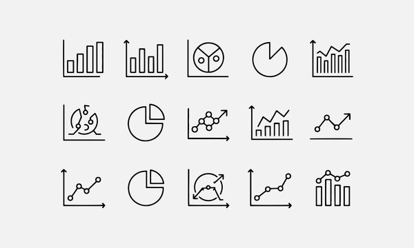 Graph and Charts web icons in line style. Graphics, infographic, statistics, data, diagrams, economy reduction, finance, arrow, business, increase, decrease.