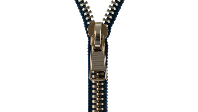 Shiny brass zipper pull on navy blue fabric teeth, isolated on transparent background