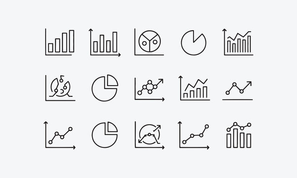 Graph and Charts web icons in line style. Graphics, infographic, statistics, data, diagrams, economy reduction, finance, arrow, business, increase, decrease.