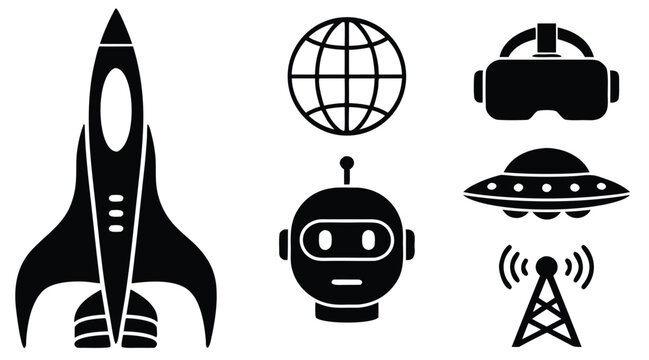 Collection of Futuristic Technology and Space Y2K Icons.
