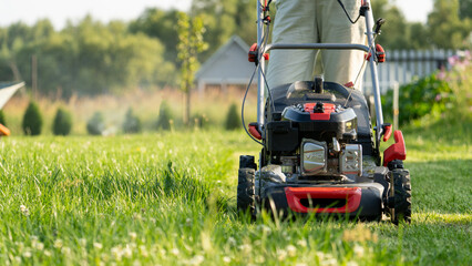 Obraz premium Person mows lawn with red and black lawnmower