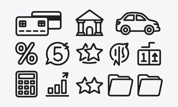 Loan and Credit web icons in line style. Credit card, deposit, car leasing, rate interest, calculator, income, rating, collection.