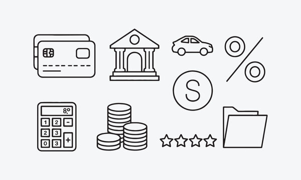 Loan and Credit web icons in line style. Credit card, deposit, car leasing, rate interest, calculator, income, rating, collection.