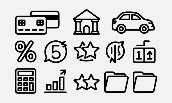 Loan and Credit web icons in line style. Credit card, deposit, car leasing, rate interest, calculator, income, rating, collection.