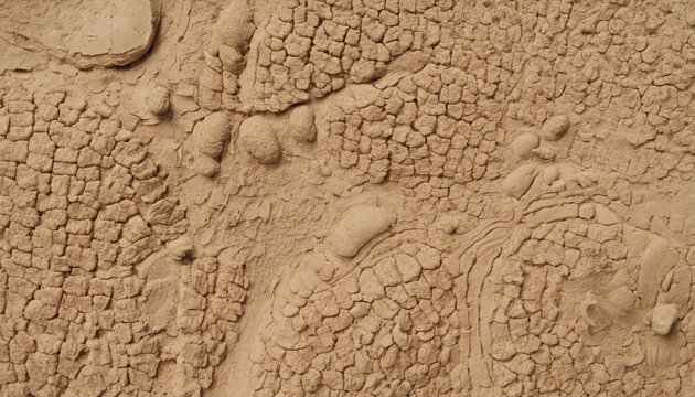 Detailed macro texture of cracked dry terracotta earth or beige clay soil