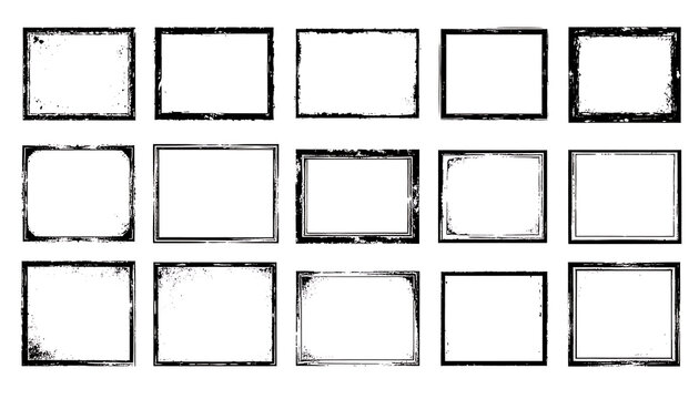Collection of distressed rectangular frames, grunge borders, vintage photo edges, textured overlays, rustic photo corners