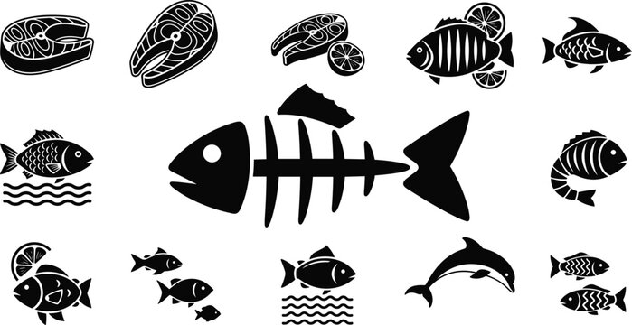 Fish and Seafood Silhouette Icon Set Featuring Salmon Steaks, Whole Fishes, Skeleton Bones, and Dolphin Symbols for Restaurant Menus and Packaging Designs