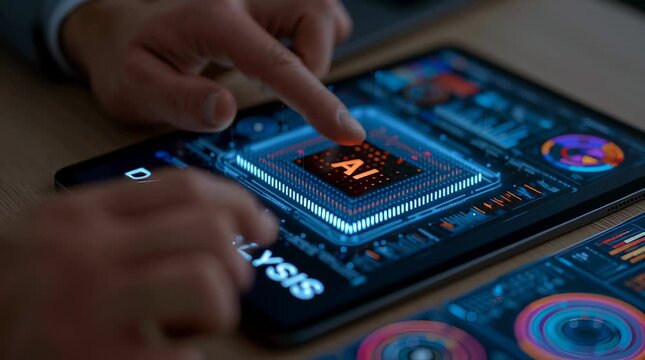 Exploring data analysis with AI technology and touchscreen interface in a workspace
