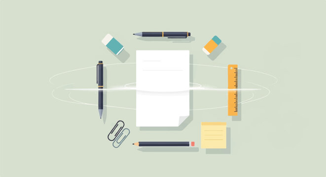 Minimal flat lay of office stationery and blank paper for creative planning and design mockups.