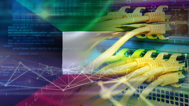 Kuwaiti tech sector surges amidst a dynamic digital infrastructure, investment, and financial trading landscape. The illustration features the national flag alongside networking cables.