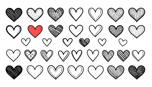 Collection of hand-drawn heart shapes, including outlined, filled, and cross-hatched styles, with one red heart among many black and white variations, symbolizing love and affection