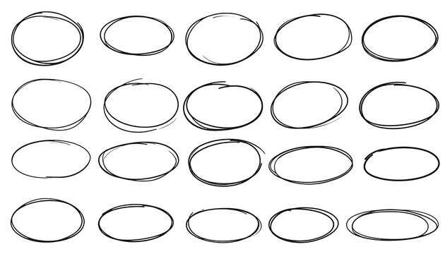 Collection of hand-drawn oval shapes, doodle elements, unique textured borders for design accents, annotations, and emphasis