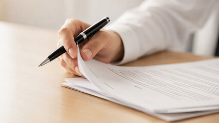 Close-up of a person holding a luxury pen while flipping through pages of a business contract...