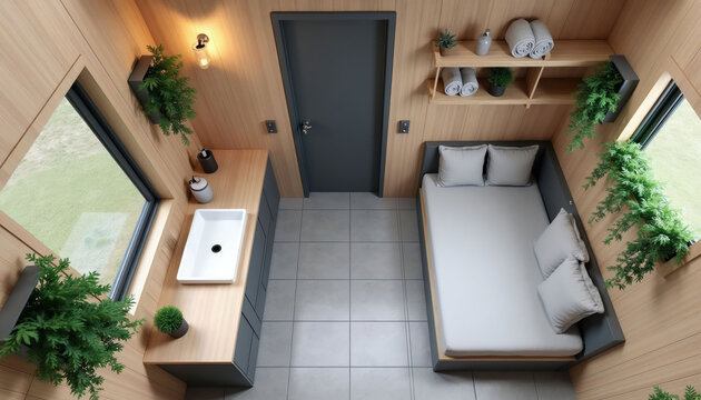 Tiny modern apartment interior blends bathroom sink area with sleeping space. Compact minimalist design maximizes small space with integrated furniture, storage. Natural wood tones, green plants add