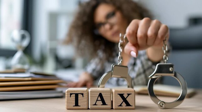 Tax preparation with handcuffs as a warning in an office setting during business hours