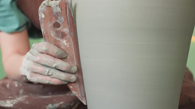 Closeup hands smoothing clay vase, ceramic artist refining tall vessel on wheel, wet fingers guiding wooden rib, soft studio lighting, tactile texture, focused technique and patient rhythm in workshop