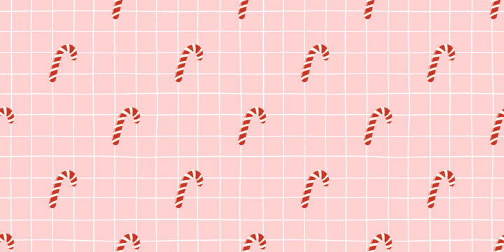 Gingham line candy design with checkered seamless pattern. Small christmas motifs festive print features lollipop cane. Bright vector stick on wallpaper background sweet.