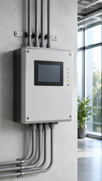 Wall mounted industrial control box with display and electrical conduit