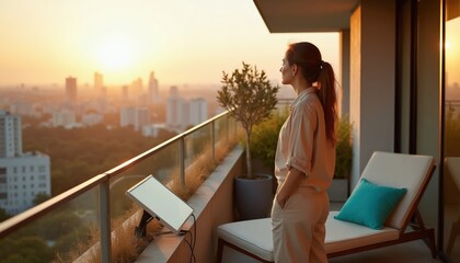 Obraz premium Woman on city apartment balcony gazes at urban skyline sunset. Portable solar panel powers home. Relaxing on terrace with city view, enjoying warm light and green energy.