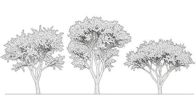 2D CAD Vector illustration of three trees in a landscape setting