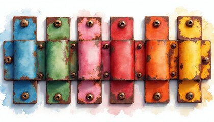 Fototapeta premium Row of colorful rusty metal hinges. Watercolor illustration shows aged hardware in blue, green, pink, red, orange, and yellow. Vintage connection parts with screws.