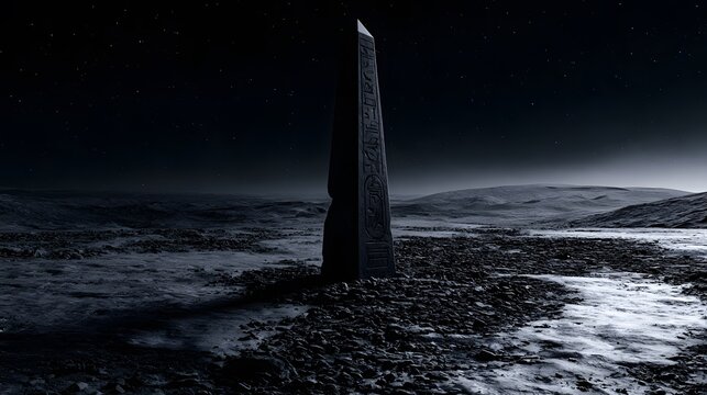 Ancient monument rises on a desolate moonscape beneath distant starlight splendor