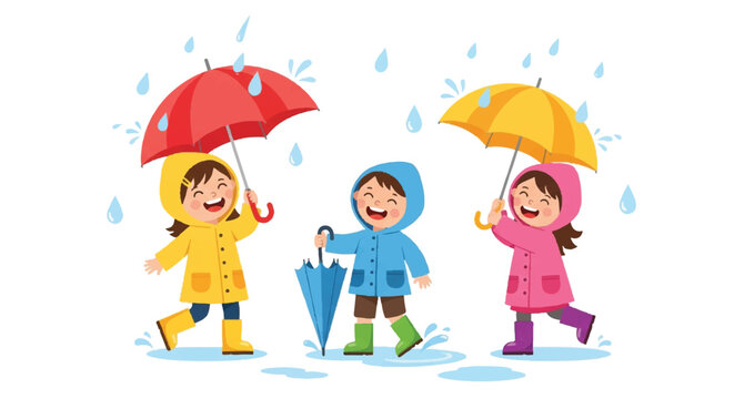 Children playing in the rain with colorful umbrellas in a cheerful outdoor scene.