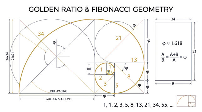 Golden Ratio and Fibonacci Sequence Geometry with Spiral and Calculations