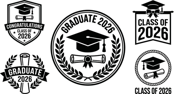Set of class of 2026 graduation badges and emblems