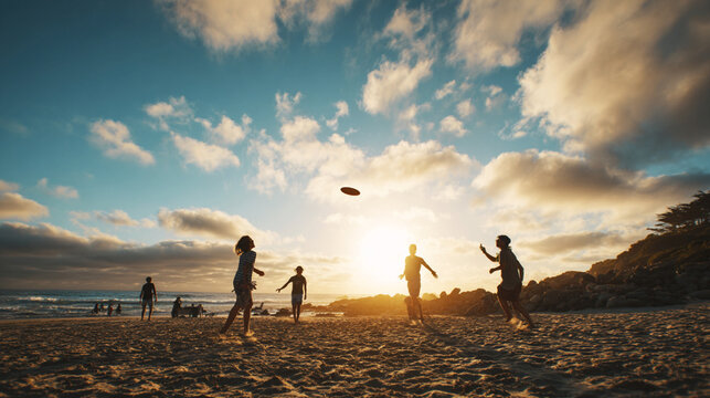 Friends playing frisbee on a sandy beach during a golden sunset with clouds