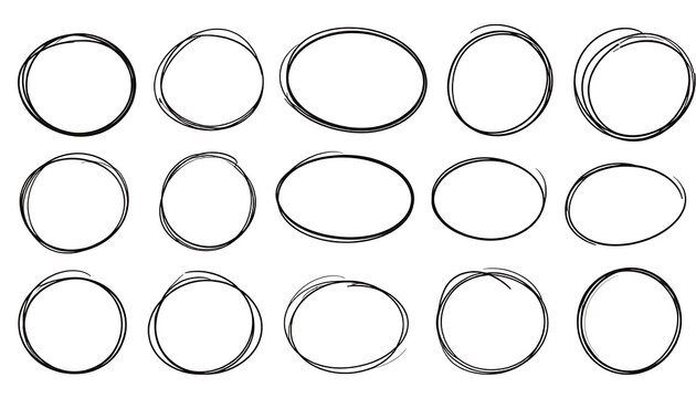 collection of fifteen hand drawn sketchy circle and oval frames, black outlines on white, scrapbook elements