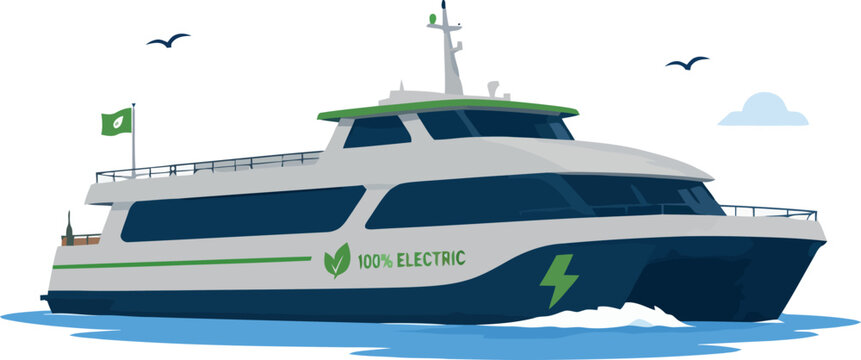 Electric catamaran ferry sailing, sustainable green transport concept