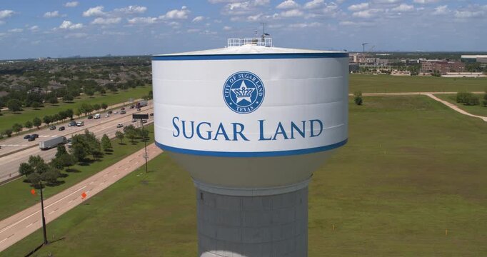 Aerial Shot of 59 South Freeway and Water Tank Landmark in Sugar Land TX